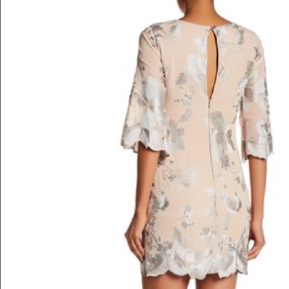 Embroidered Mini Sheath Dress with Bell Sleeves - Picture 2 of 7